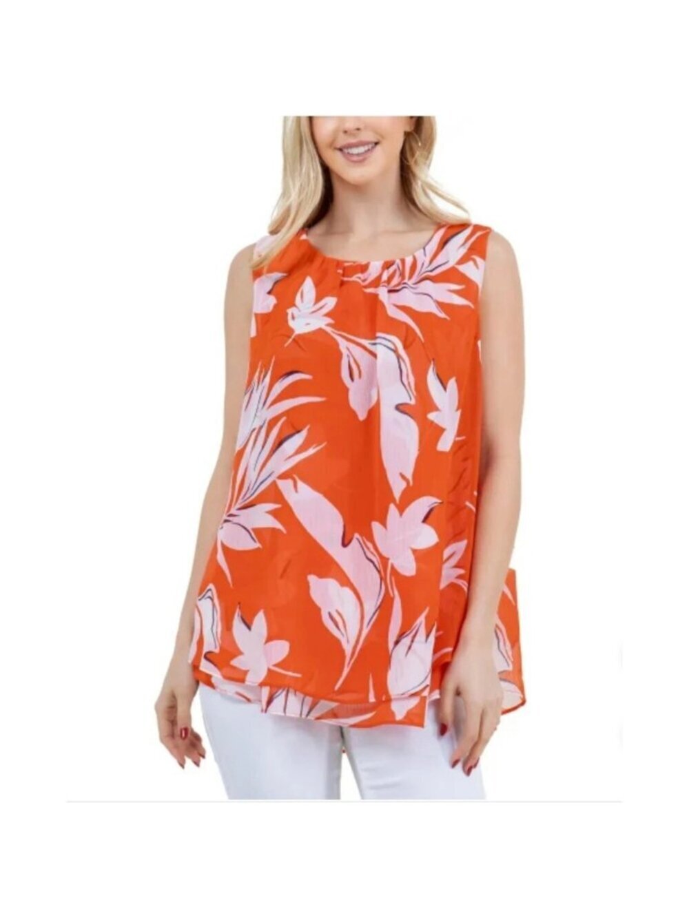 Cristina B Women's L Orange Floral Sleeveless Blouse Sheer  L1432